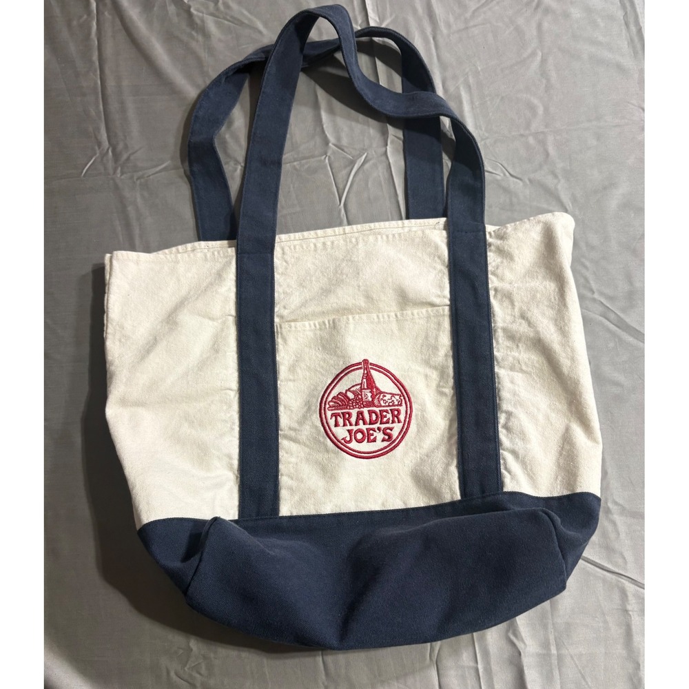 Trader Joe's Canvas Tote Bag Navy Blue Cream Embroidered Logo Reusable‎ t1704